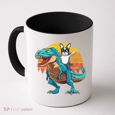 Boston Terrier Dog Riding Dinosaur T Rex Coffee Mug