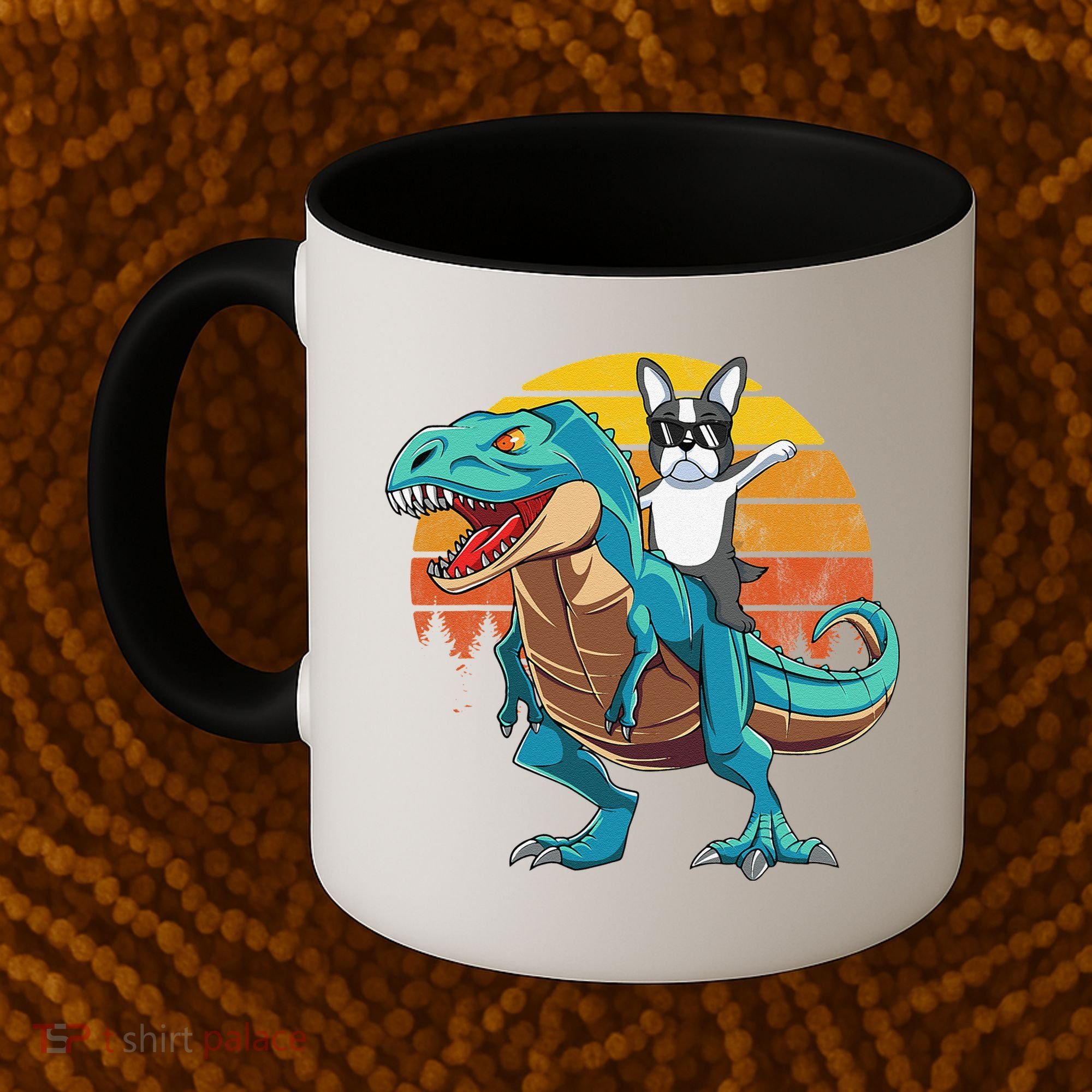Boston Terrier Dog Riding Dinosaur T Rex Coffee Mug