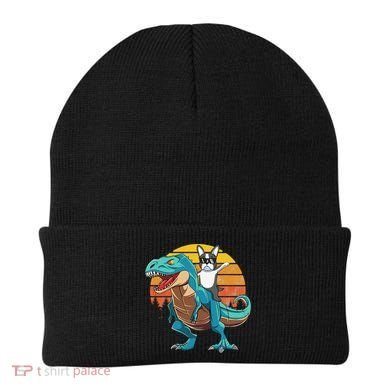 Boston Terrier Dog Riding Dinosaur T Rex Beanie