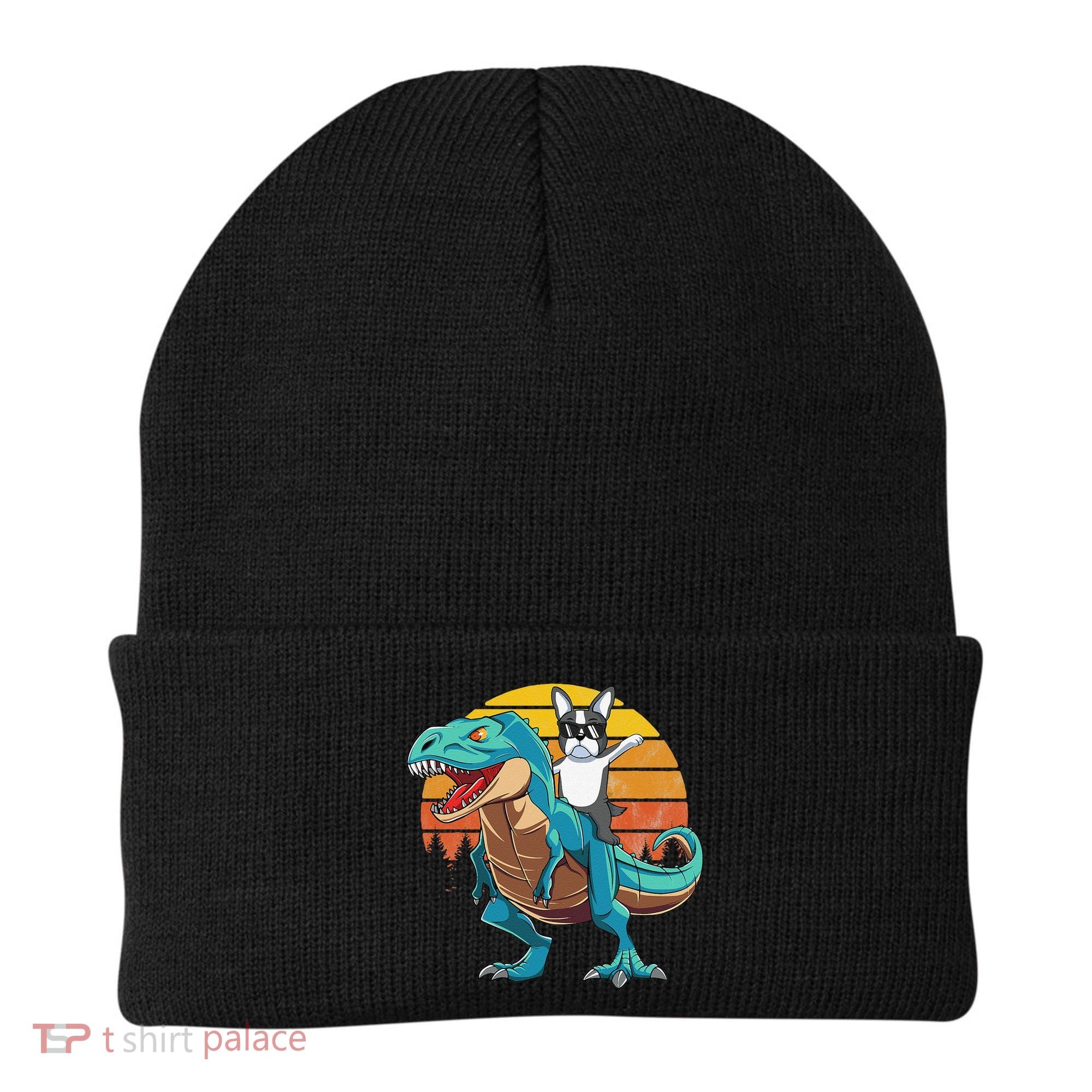 Boston Terrier Dog Riding Dinosaur T Rex Beanie