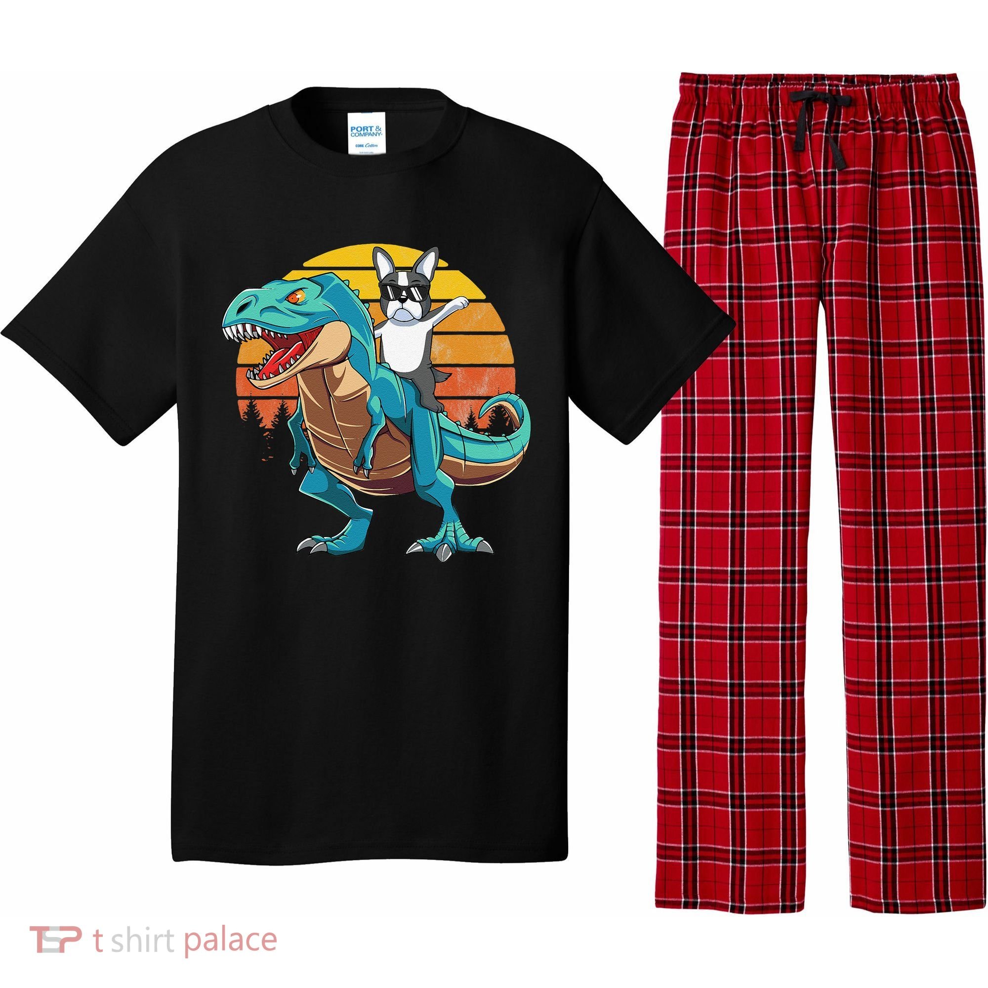 Boston Terrier Dog Riding Dinosaur T Rex Pajama Set