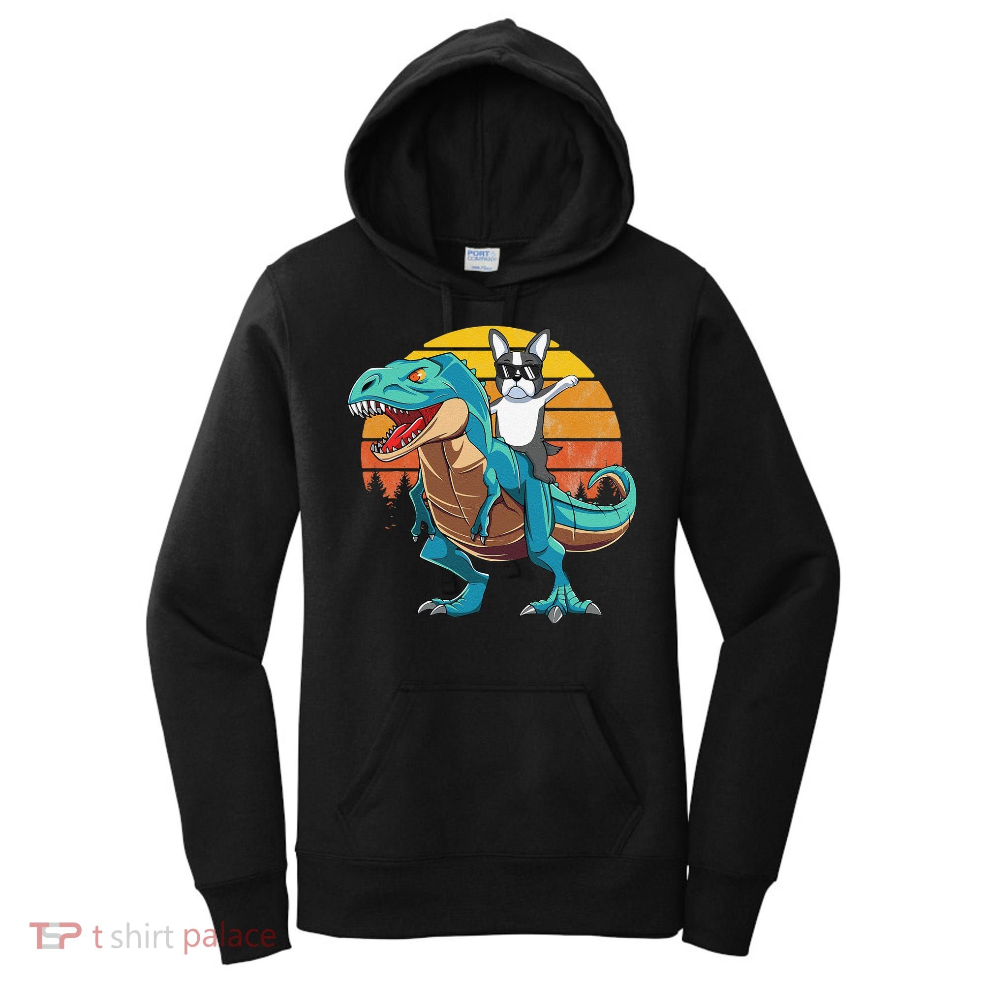 Boston Terrier Dog Riding Dinosaur T Rex Women's Hoodie