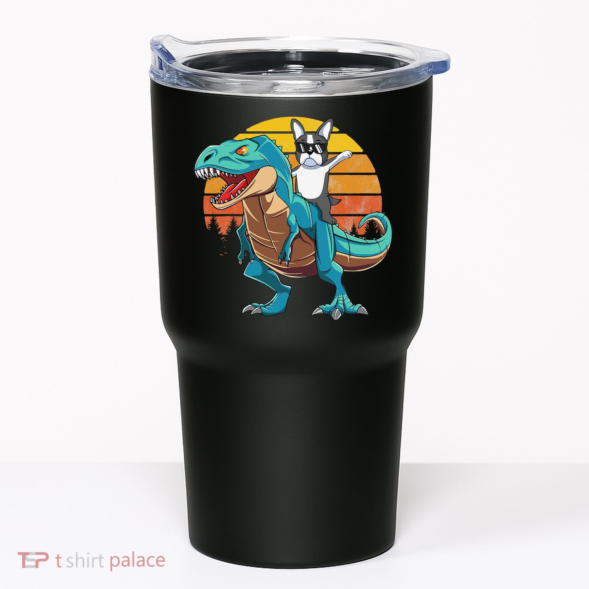Boston Terrier Dog Riding Dinosaur T Rex Tumbler