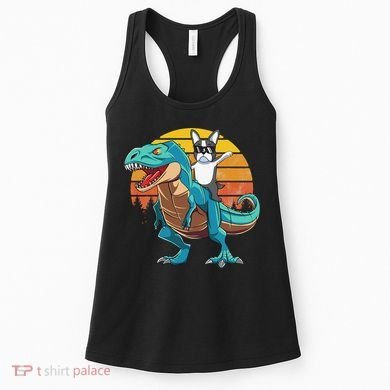 Boston Terrier Dog Riding Dinosaur T Rex Women's Tank Top