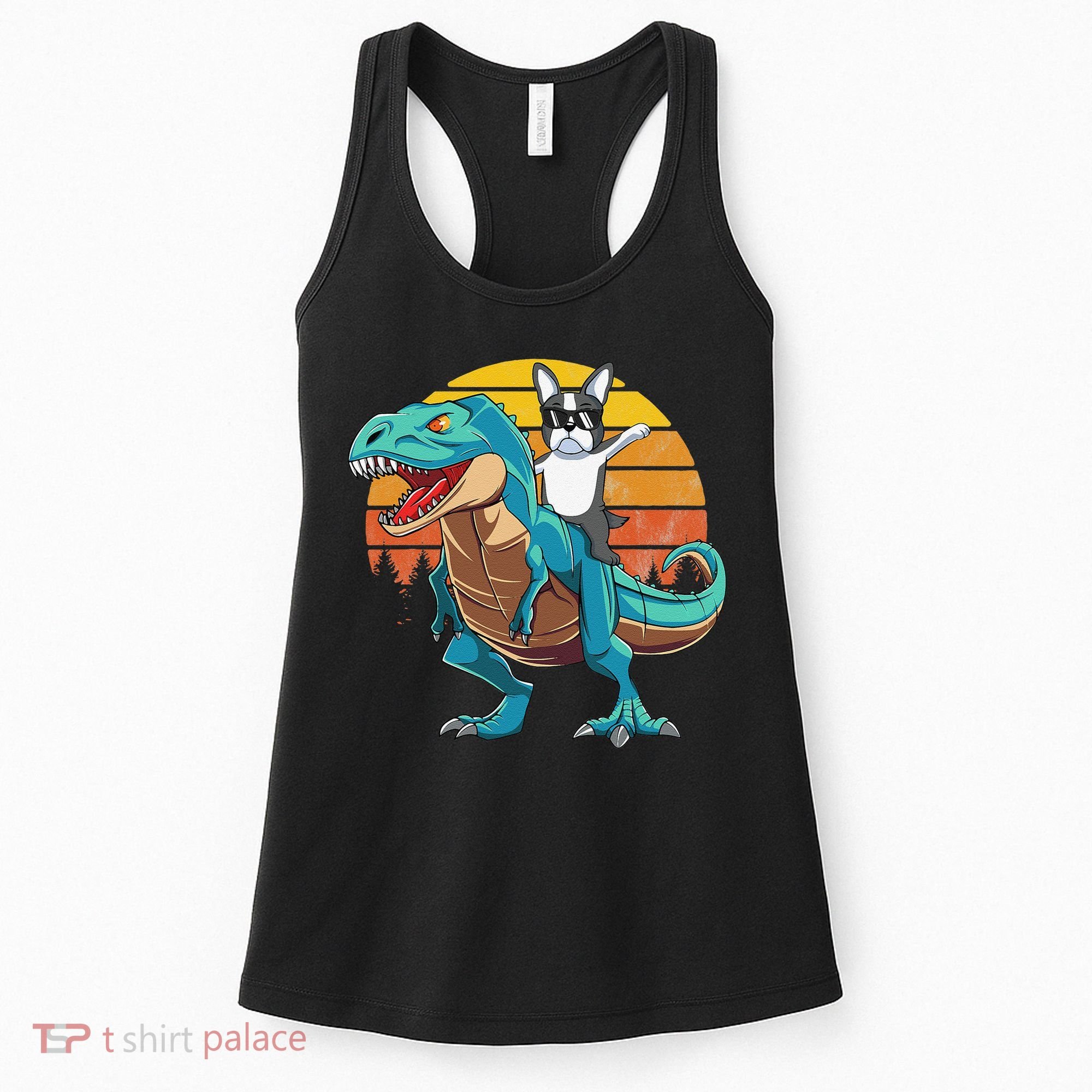 Boston Terrier Dog Riding Dinosaur T Rex Women's Tank Top