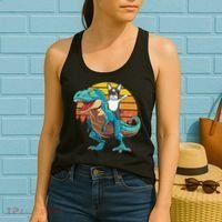 Boston Terrier Dog Riding Dinosaur T Rex Women's Tank Top thumb 2