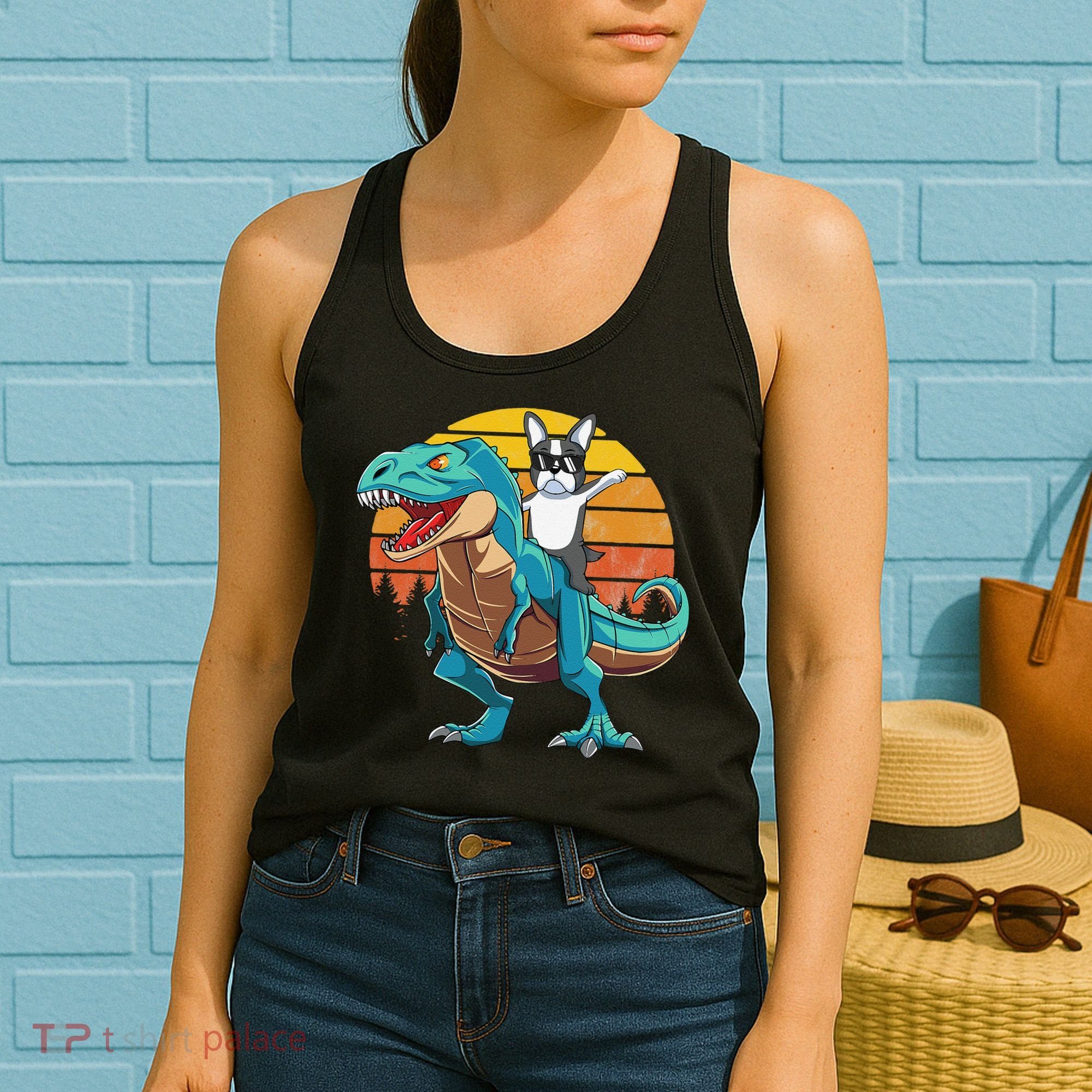 Boston Terrier Dog Riding Dinosaur T Rex Women's Tank Top