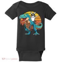 Boston Terrier Dog Riding Dinosaur T Rex Baby Bodysuit thumb 0