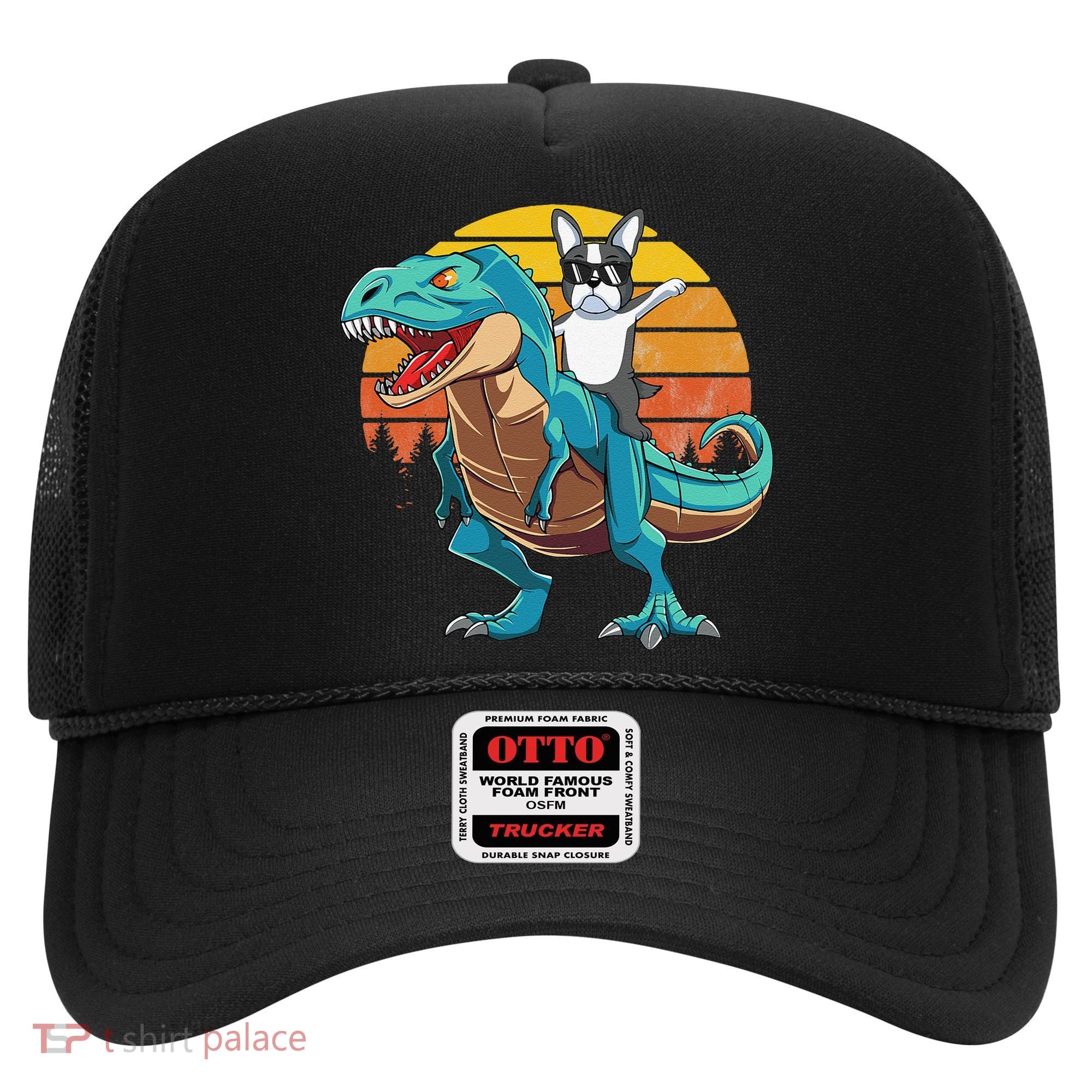 Boston Terrier Dog Riding Dinosaur T Rex Hat