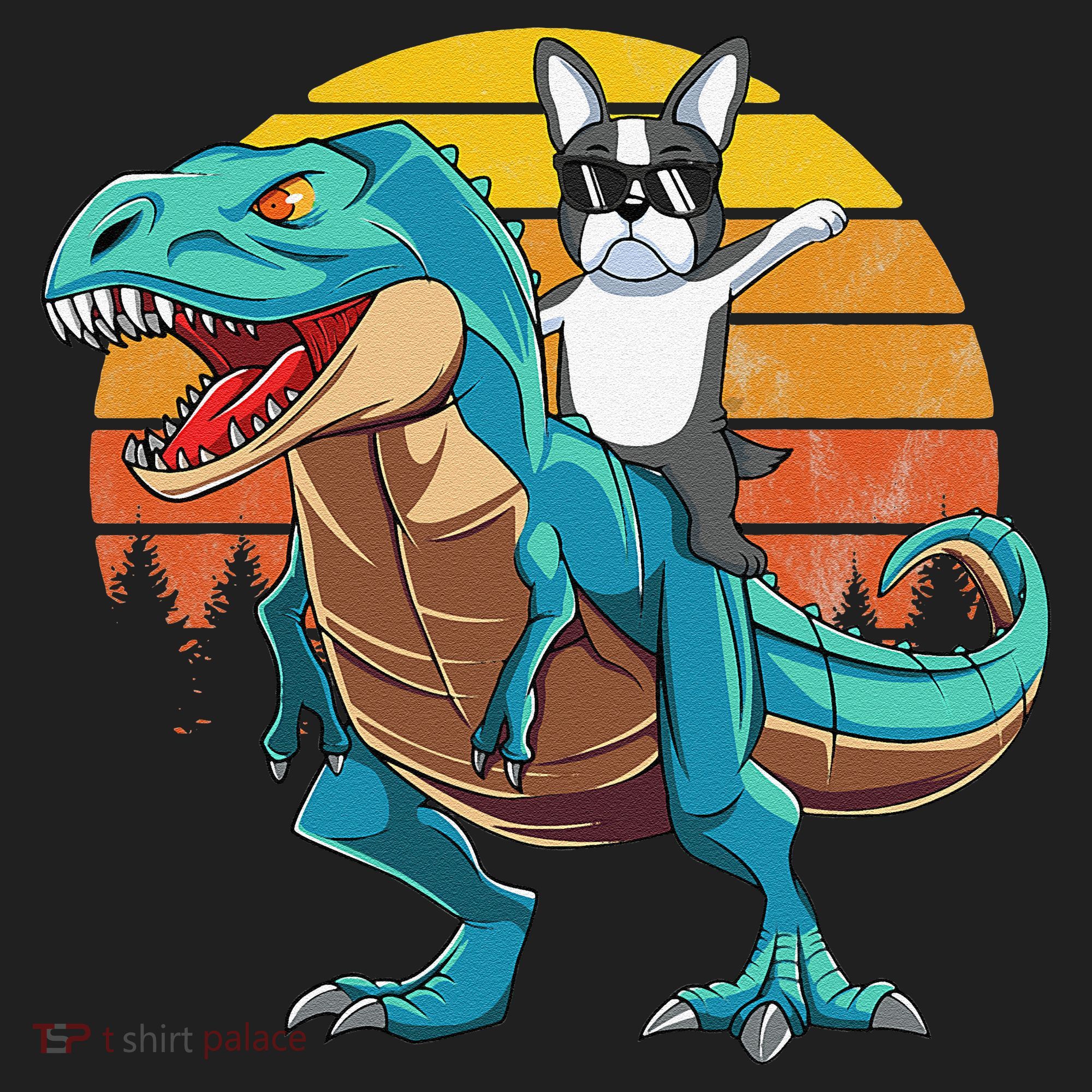 Boston Terrier Dog Riding Dinosaur T Rex Hat