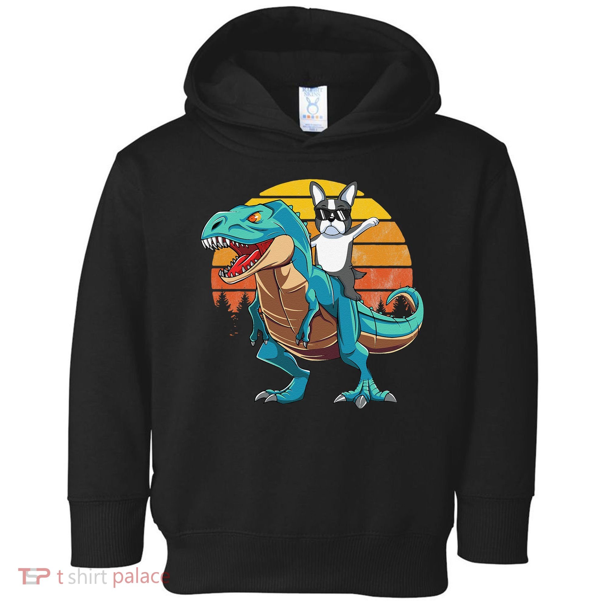 Boston Terrier Dog Riding Dinosaur T Rex Toddler Hoodie
