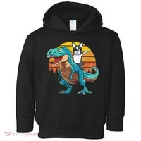 Boston Terrier Dog Riding Dinosaur T Rex Toddler Hoodie thumb 0