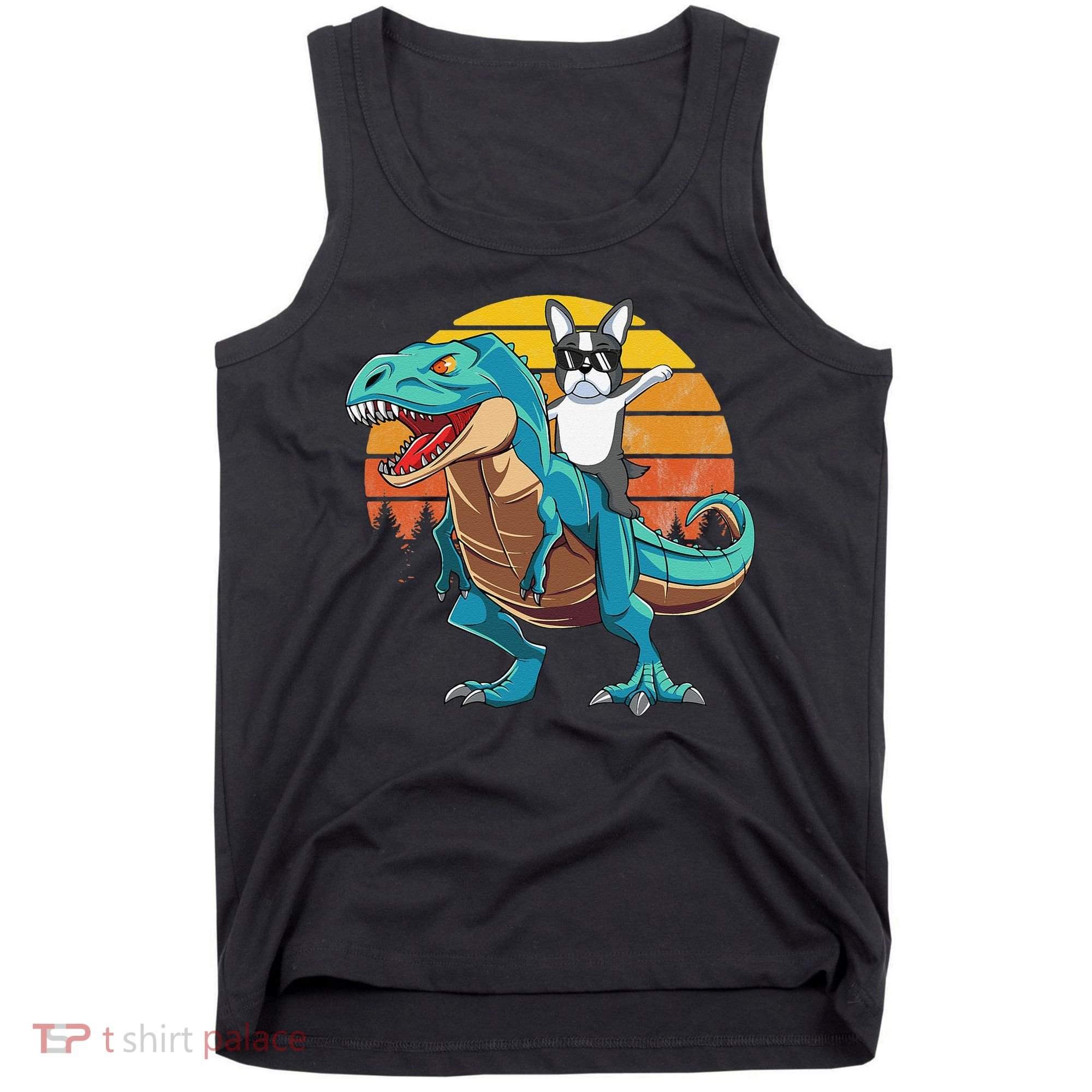 Boston Terrier Dog Riding Dinosaur T Rex Tank Top