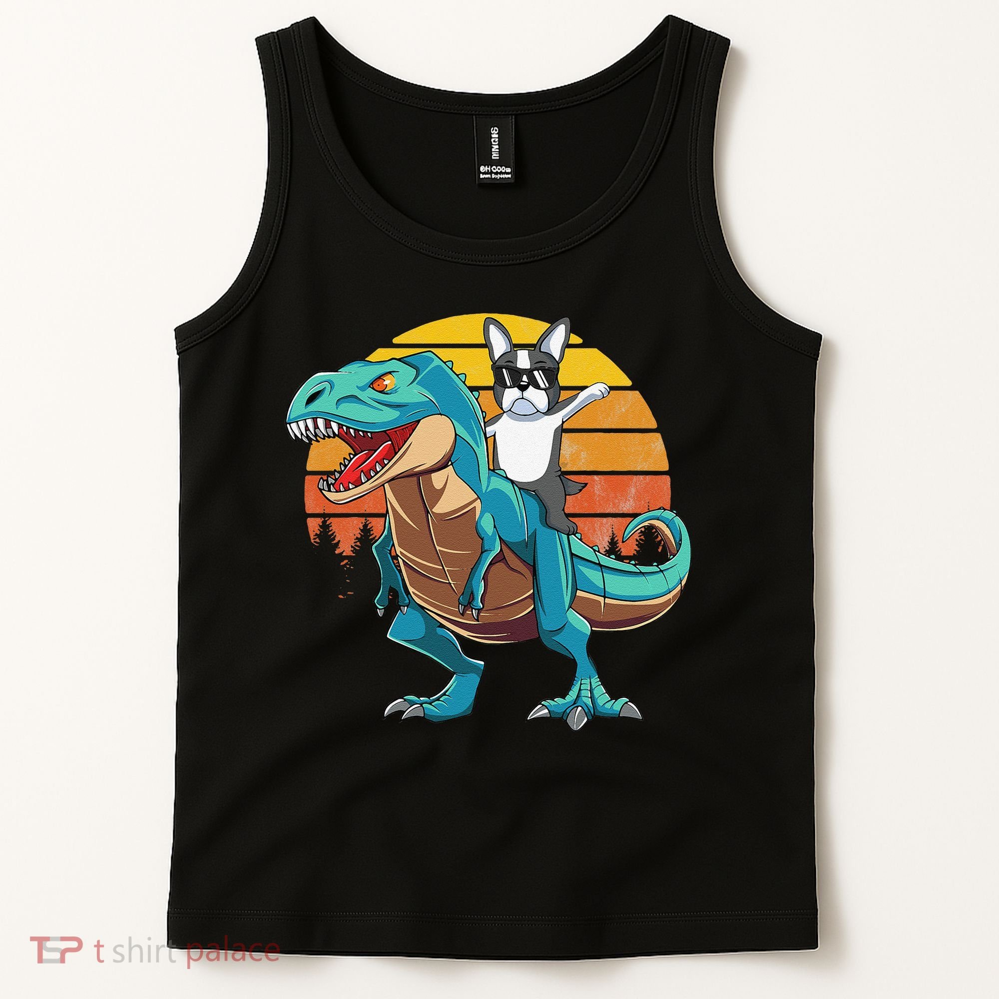 Boston Terrier Dog Riding Dinosaur T Rex Tank Top