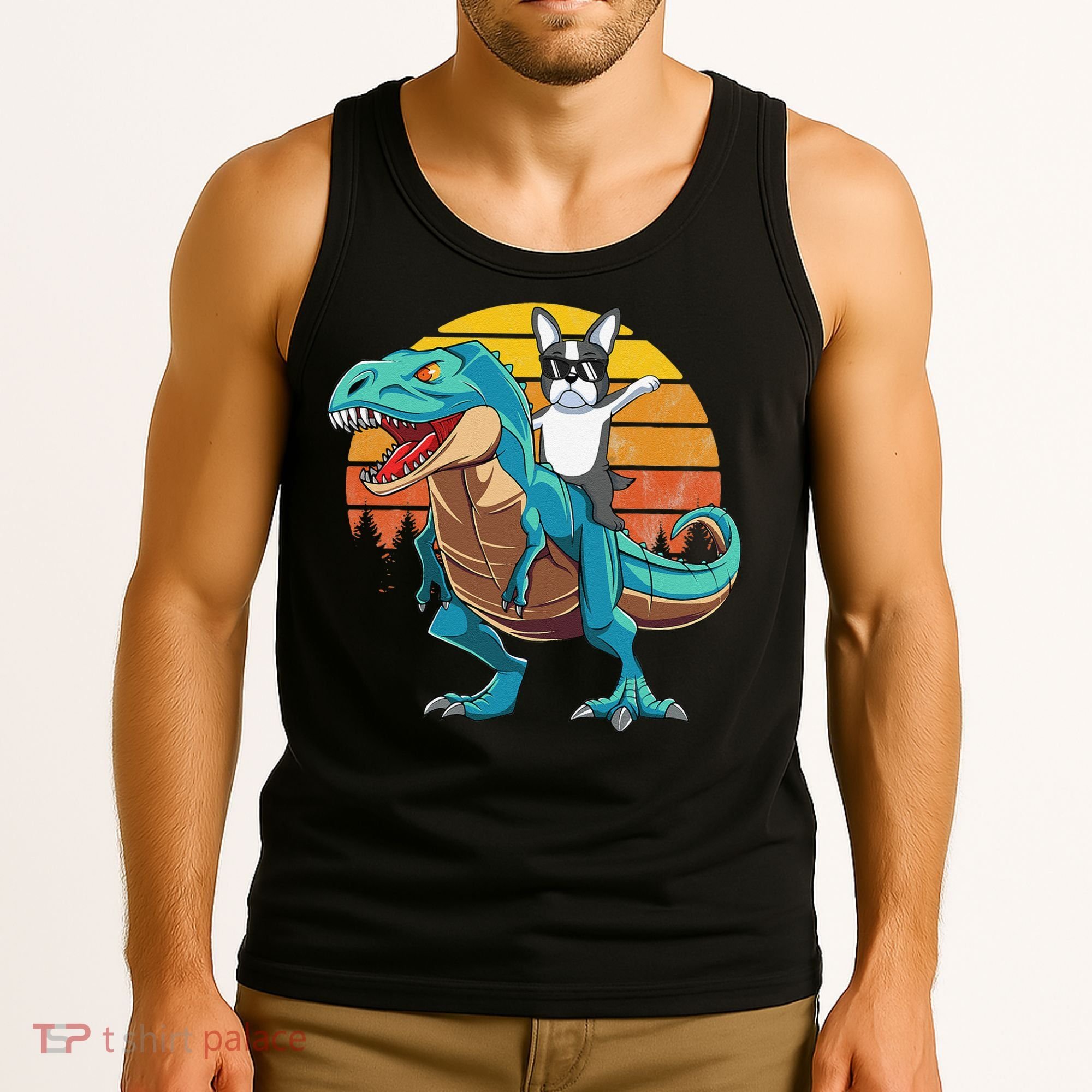 Boston Terrier Dog Riding Dinosaur T Rex Tank Top