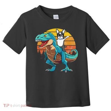 Boston Terrier Dog Riding Dinosaur T Rex Toddler T-Shirt