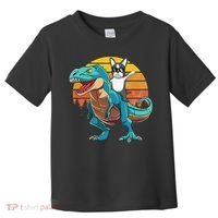 Boston Terrier Dog Riding Dinosaur T Rex Toddler T-Shirt thumb 0