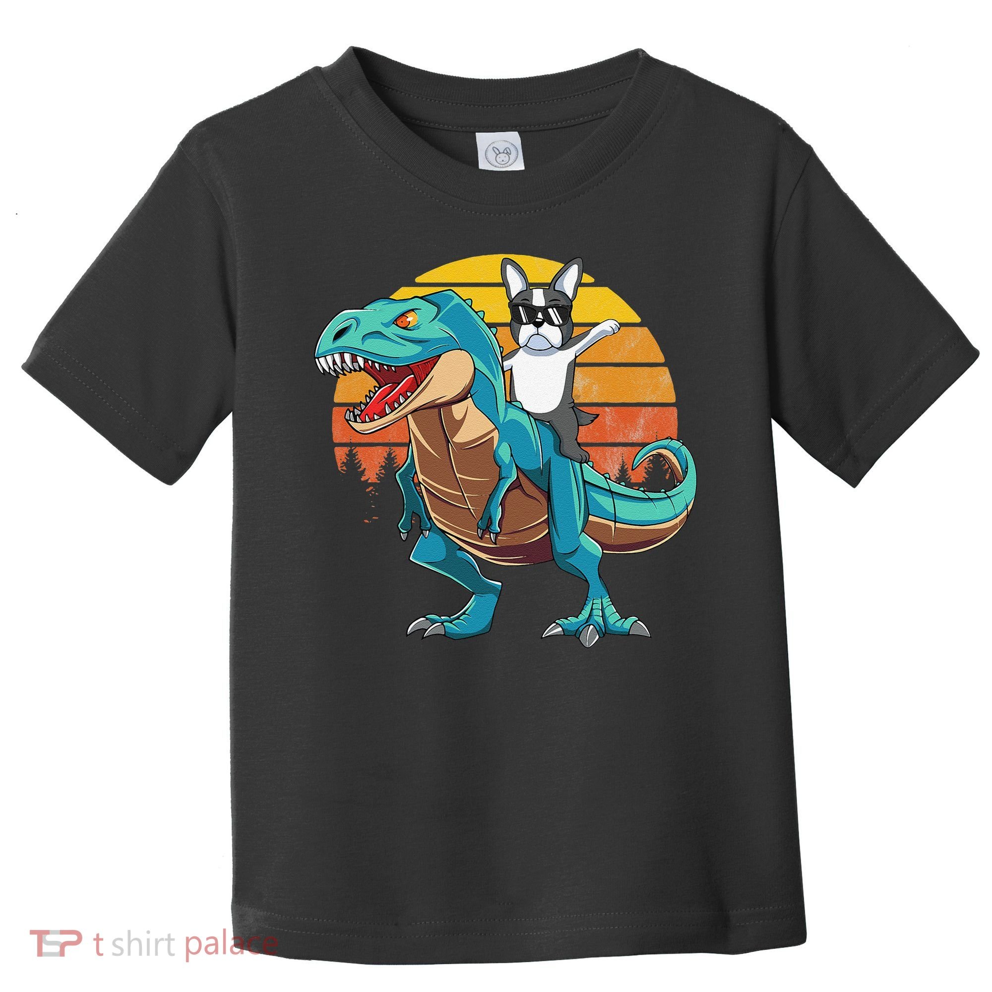 Boston Terrier Dog Riding Dinosaur T Rex Toddler T-Shirt