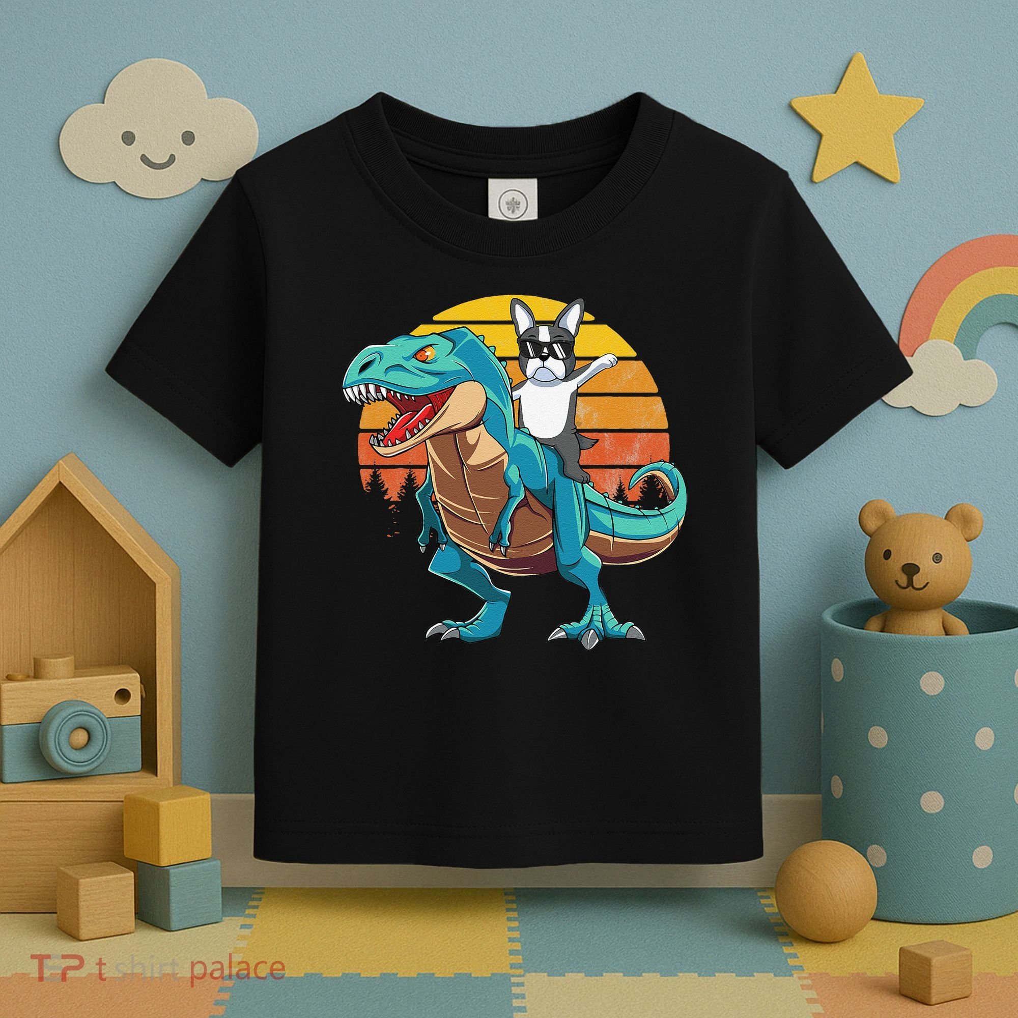 Boston Terrier Dog Riding Dinosaur T Rex Toddler T-Shirt