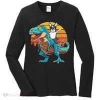 Boston Terrier Dog Riding Dinosaur T Rex Women's Long Sleeve Shirt thumb 0