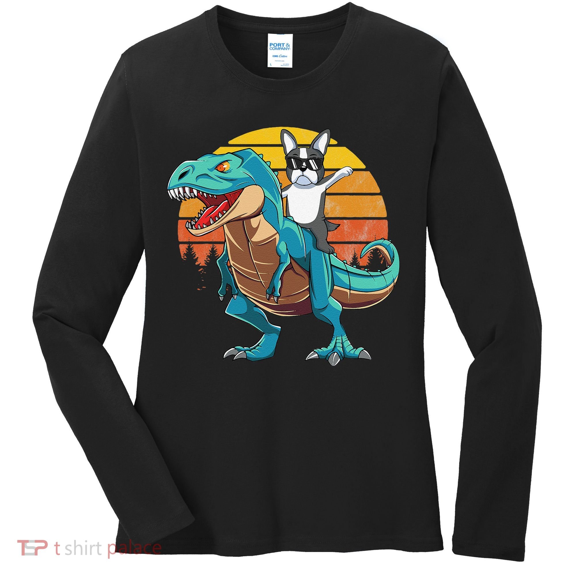 Boston Terrier Dog Riding Dinosaur T Rex Women's Long Sleeve Shirt