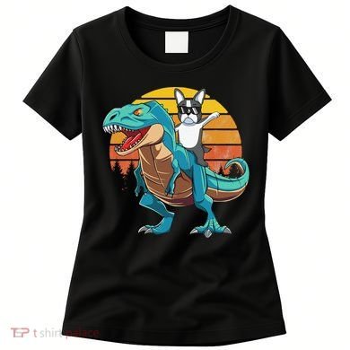 Boston Terrier Dog Riding Dinosaur T Rex Women's T-Shirt