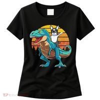 Boston Terrier Dog Riding Dinosaur T Rex Women's T-Shirt thumb 0