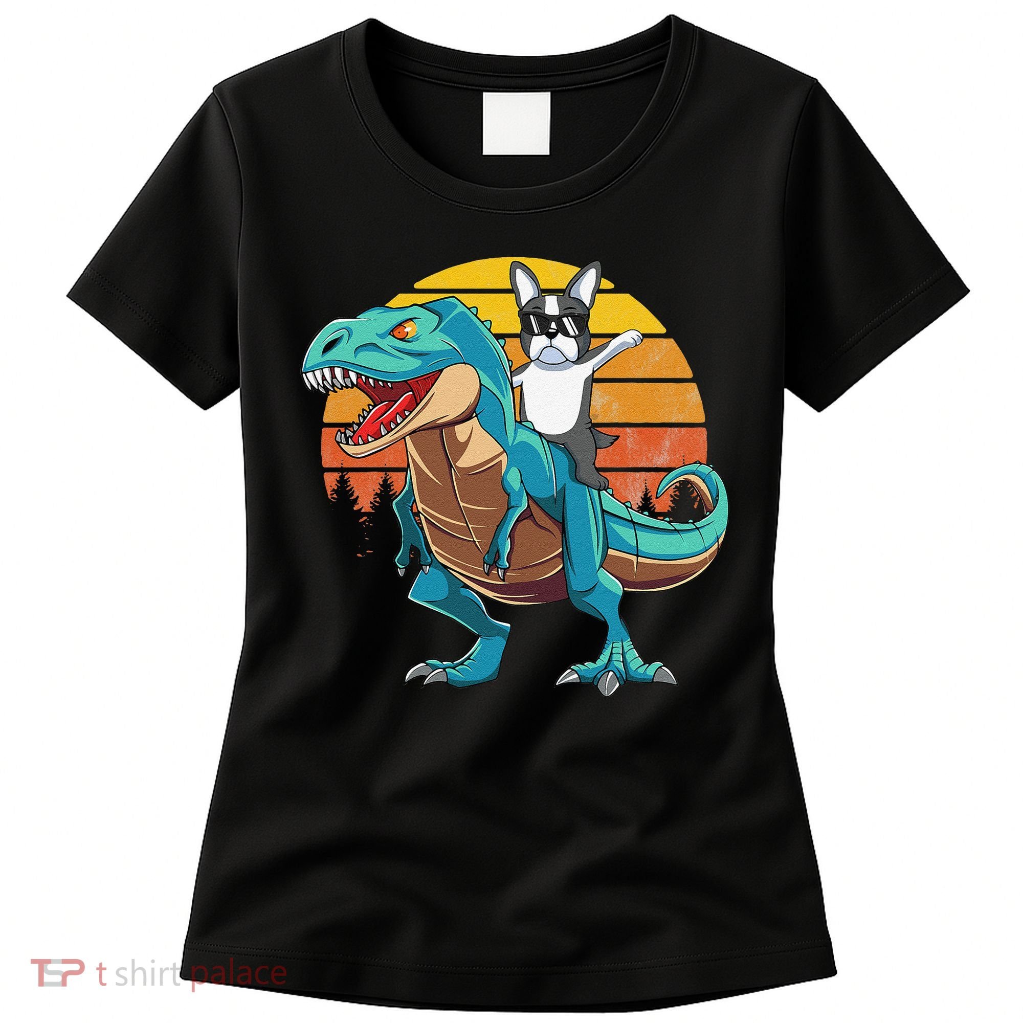 Boston Terrier Dog Riding Dinosaur T Rex Women's T-Shirt