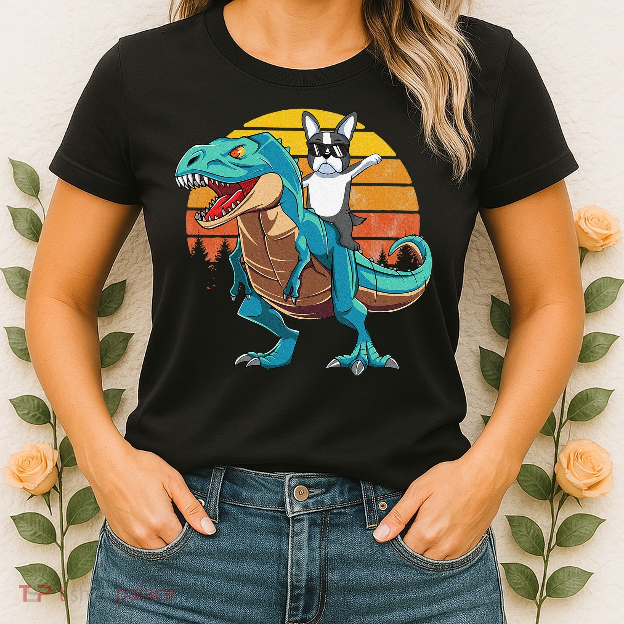 Boston Terrier Dog Riding Dinosaur T Rex Women's T-Shirt