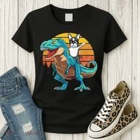 Boston Terrier Dog Riding Dinosaur T Rex Women's T-Shirt thumb 3