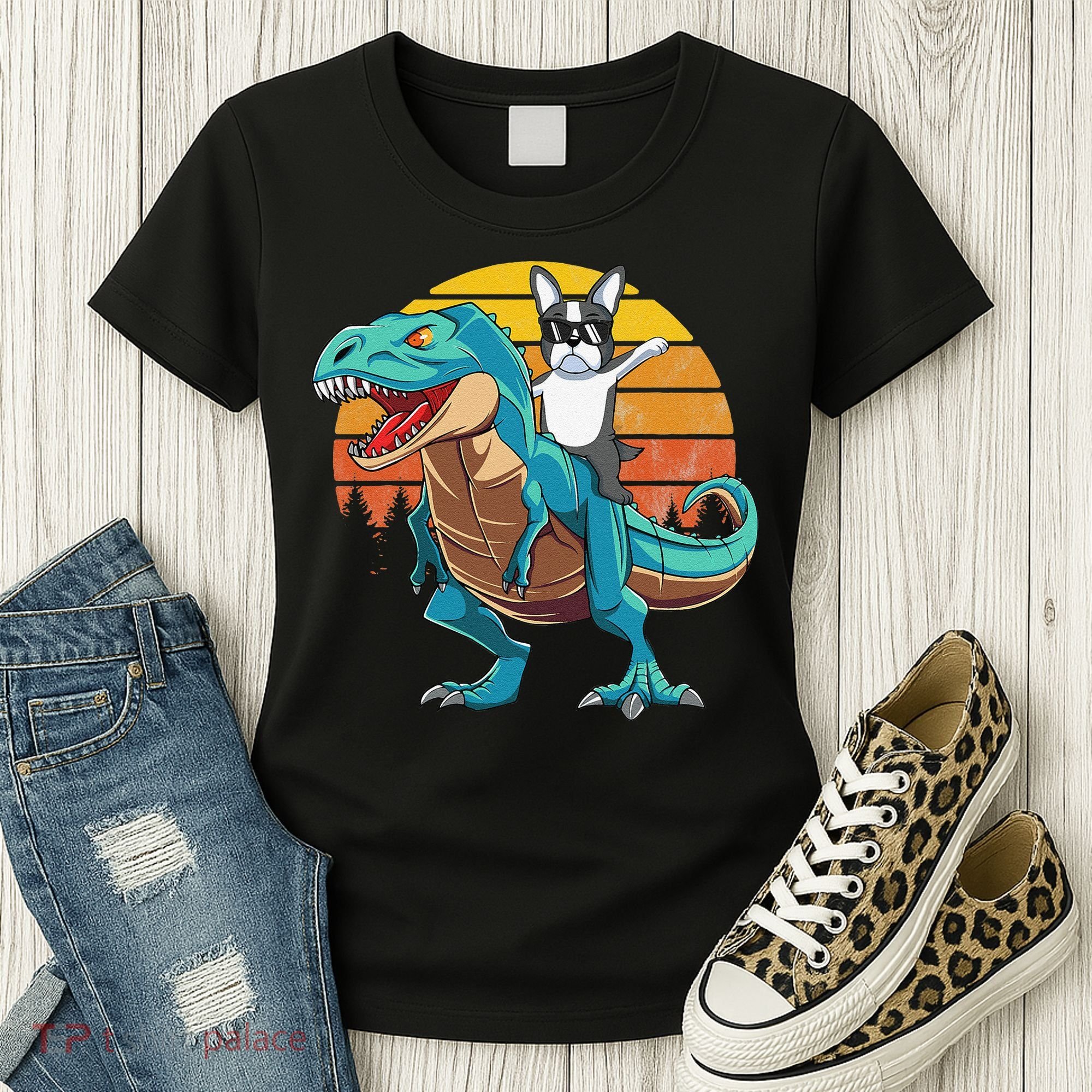 Boston Terrier Dog Riding Dinosaur T Rex Women's T-Shirt