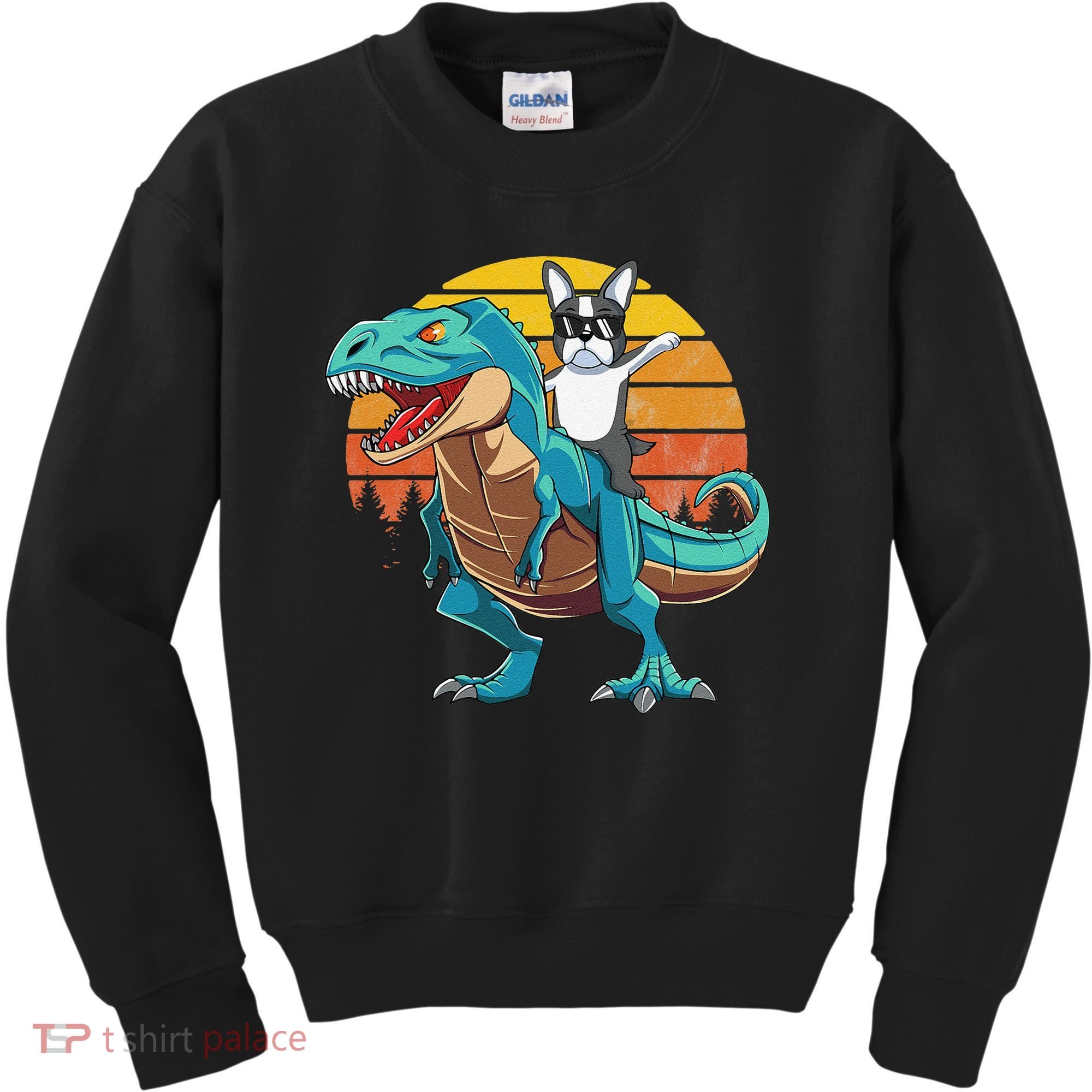Boston Terrier Dog Riding Dinosaur T Rex Kids Sweatshirt