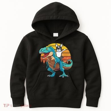 Boston Terrier Dog Riding Dinosaur T Rex Kids Hoodie
