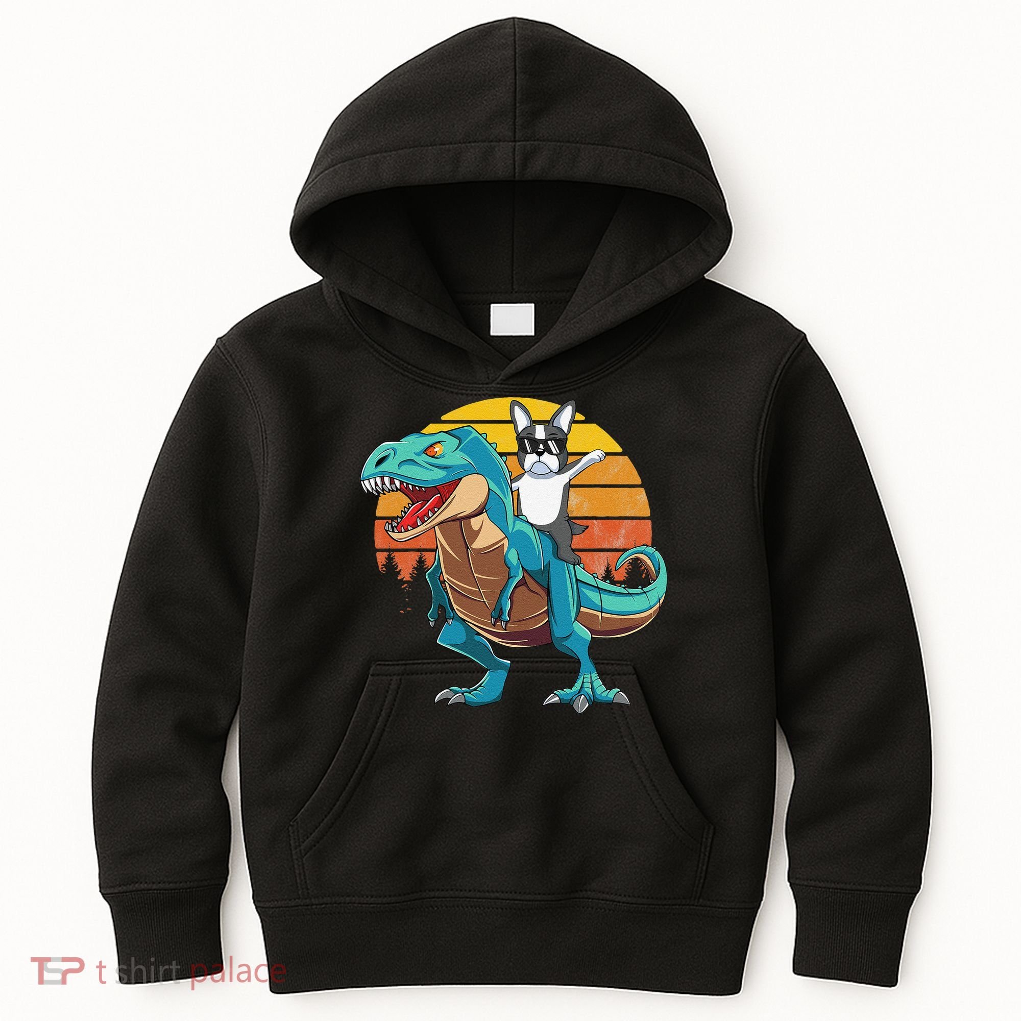 Boston Terrier Dog Riding Dinosaur T Rex Kids Hoodie