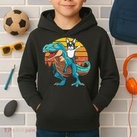 Boston Terrier Dog Riding Dinosaur T Rex Kids Hoodie thumb 2