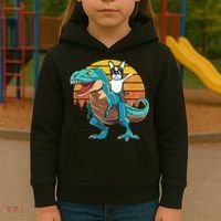 Boston Terrier Dog Riding Dinosaur T Rex Kids Hoodie thumb 3