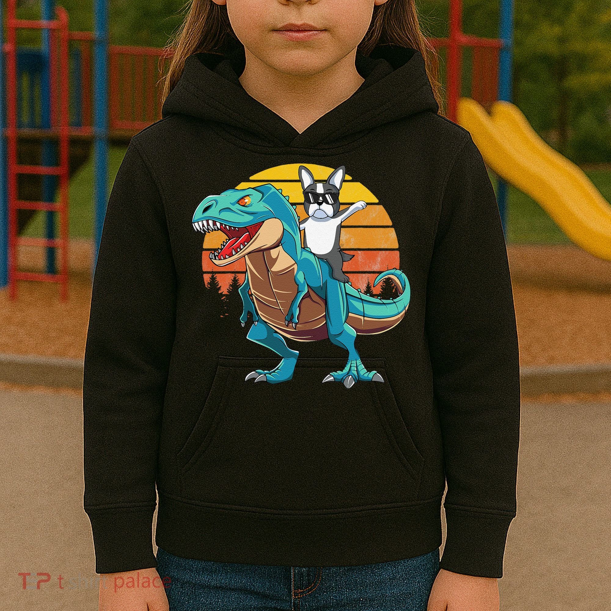 Boston Terrier Dog Riding Dinosaur T Rex Kids Hoodie