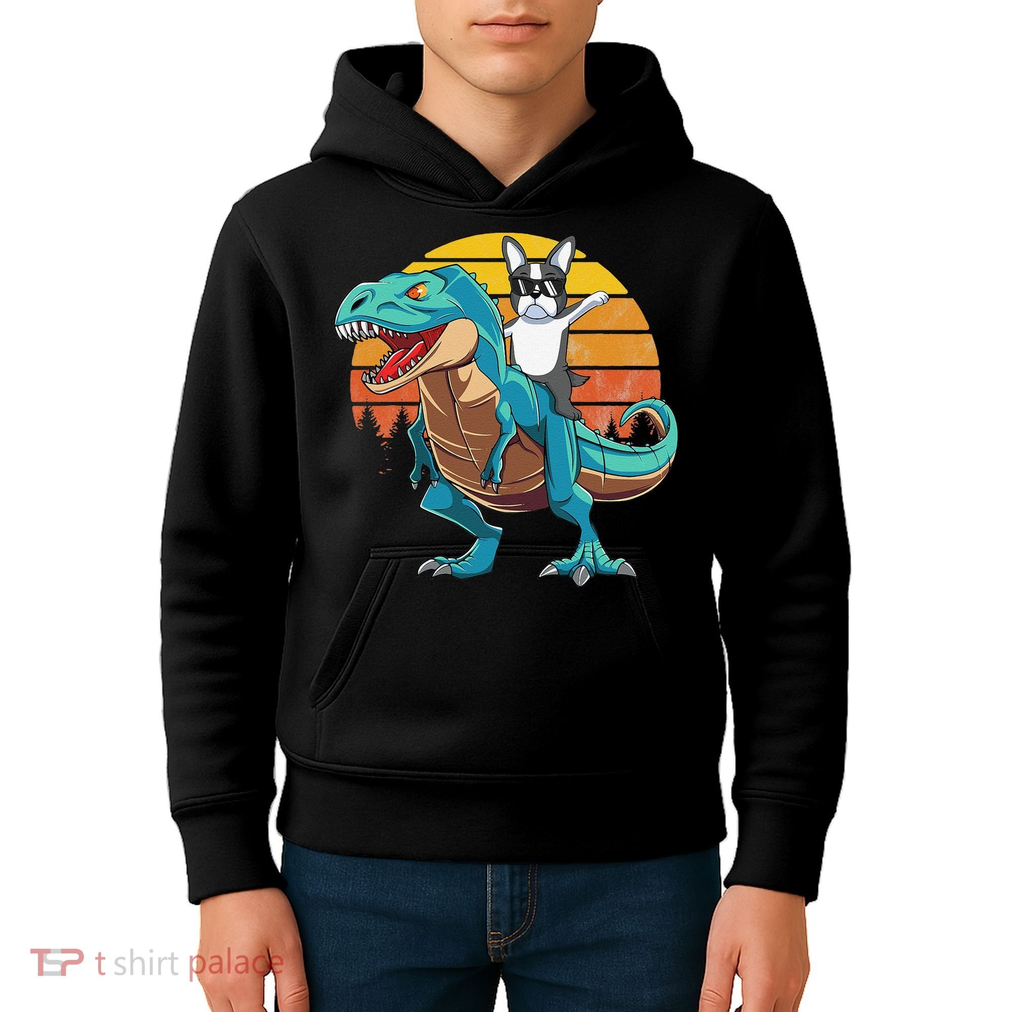 Boston Terrier Dog Riding Dinosaur T Rex Kids Hoodie
