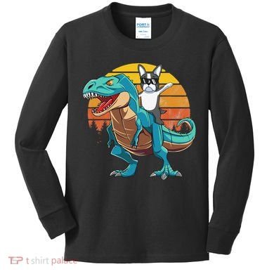 Boston Terrier Dog Riding Dinosaur T Rex Kids Long Sleeve Shirt
