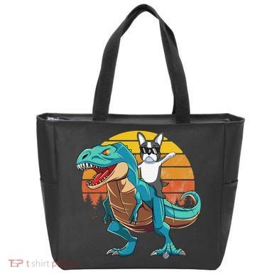 Boston Terrier Dog Riding Dinosaur T Rex Tote Bag