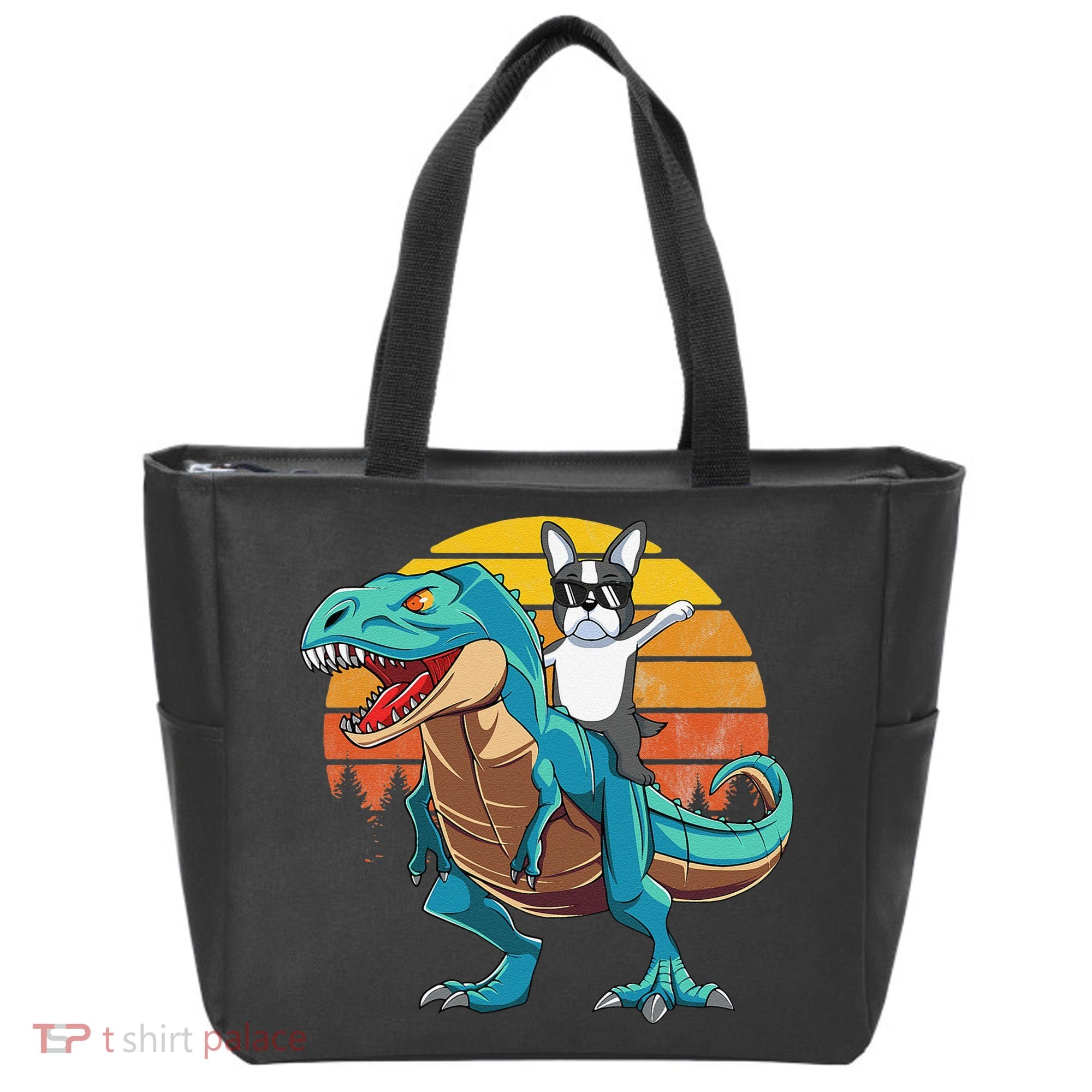 Boston Terrier Dog Riding Dinosaur T Rex Tote Bag