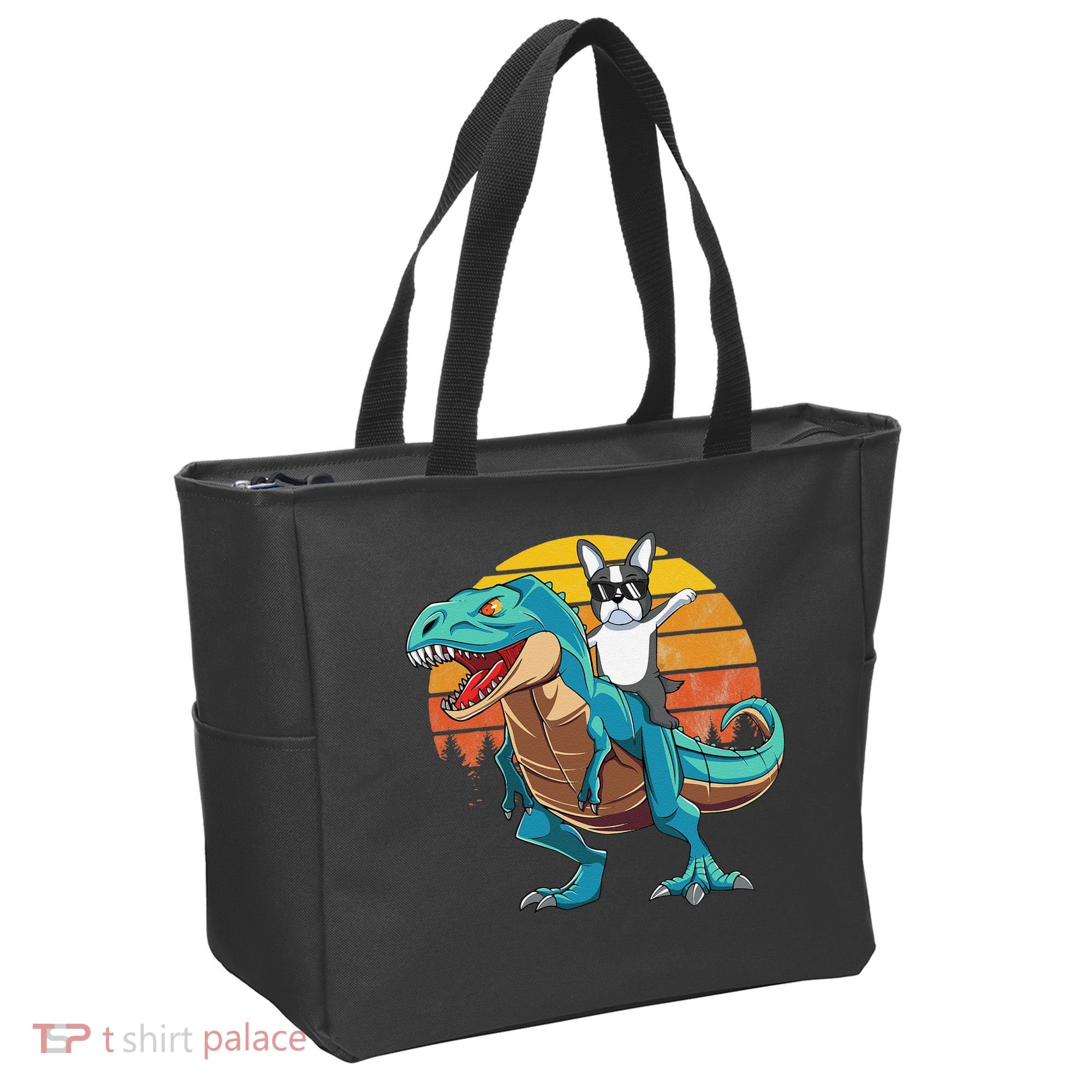Boston Terrier Dog Riding Dinosaur T Rex Tote Bag