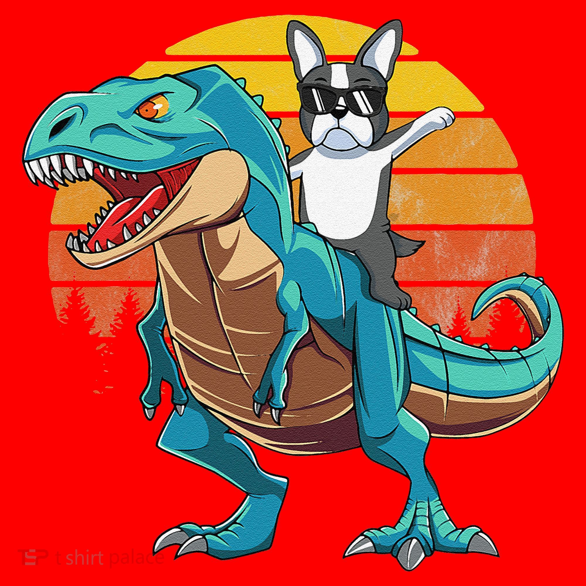 Boston Terrier Dog Riding Dinosaur T Rex Santa Hat