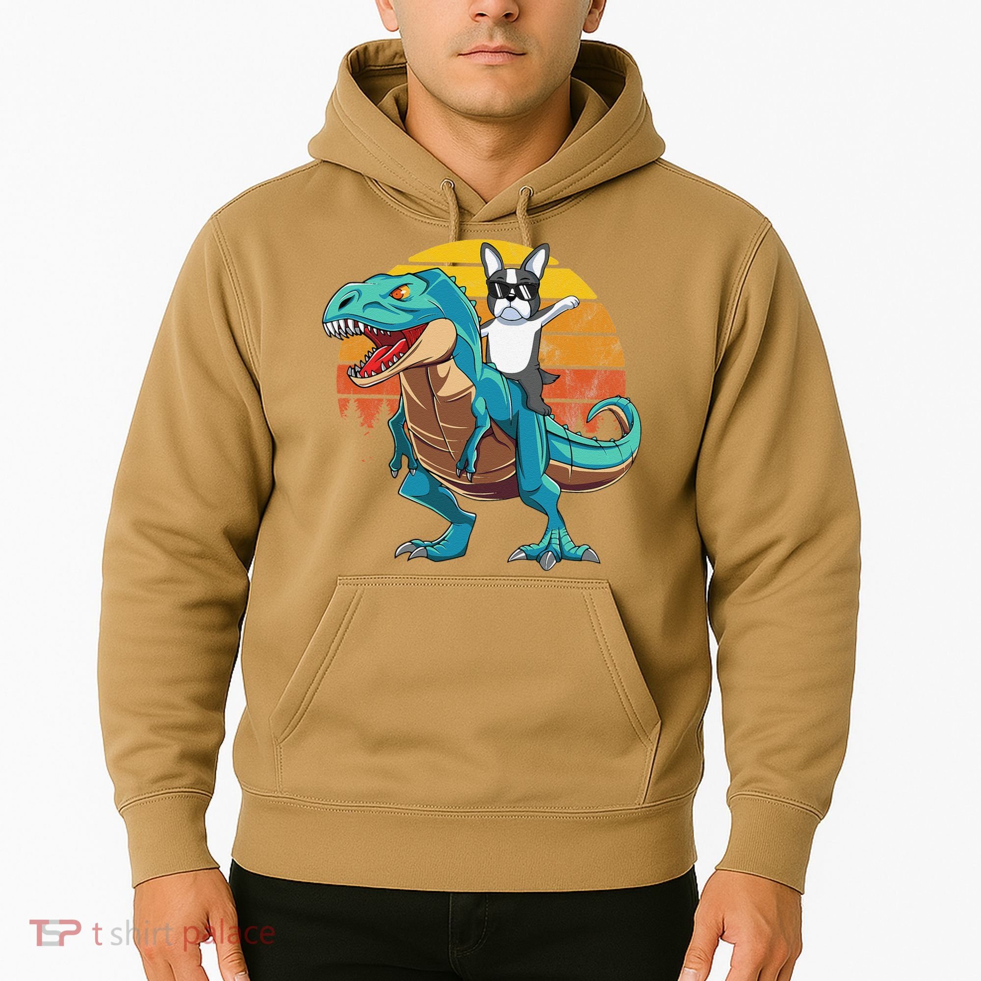 Boston Terrier Dog Riding Dinosaur T Rex Hoodie
