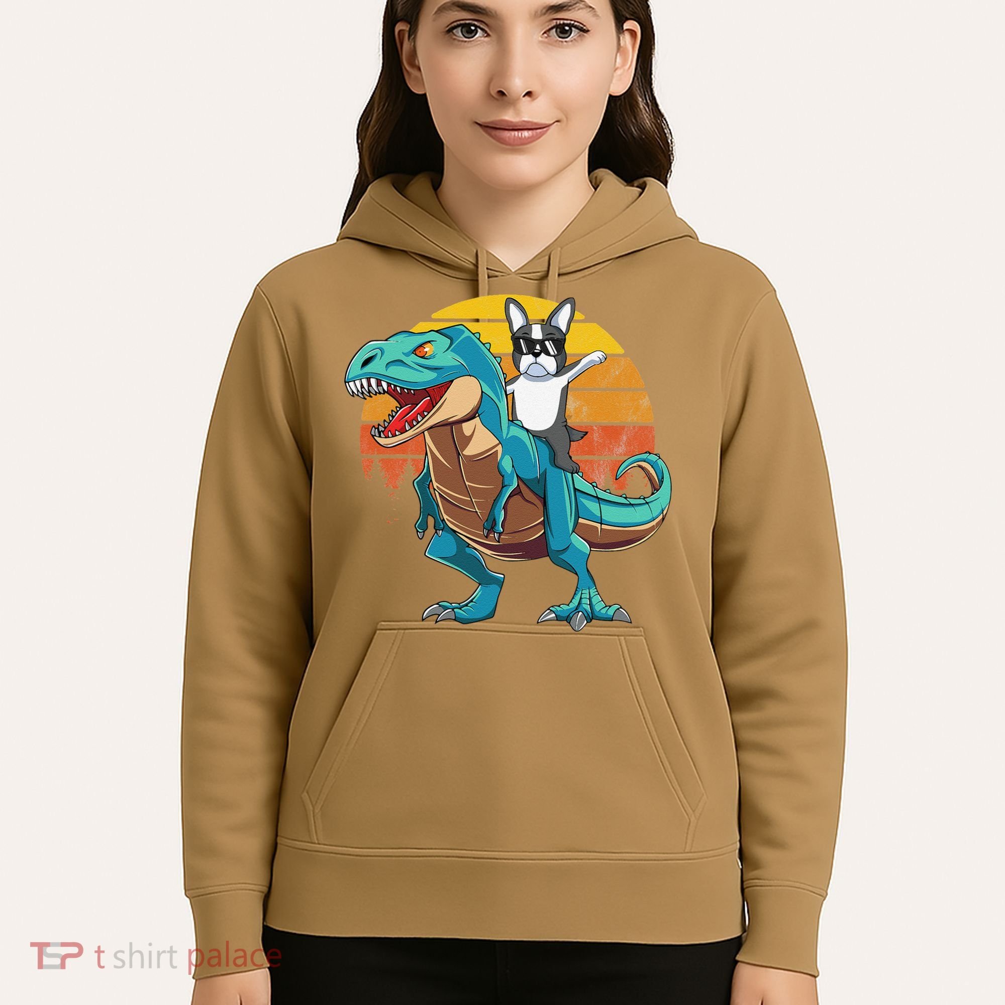 Boston Terrier Dog Riding Dinosaur T Rex Hoodie