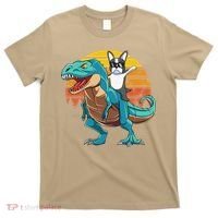 Boston Terrier Dog Riding Dinosaur T Rex T-Shirt thumb 0