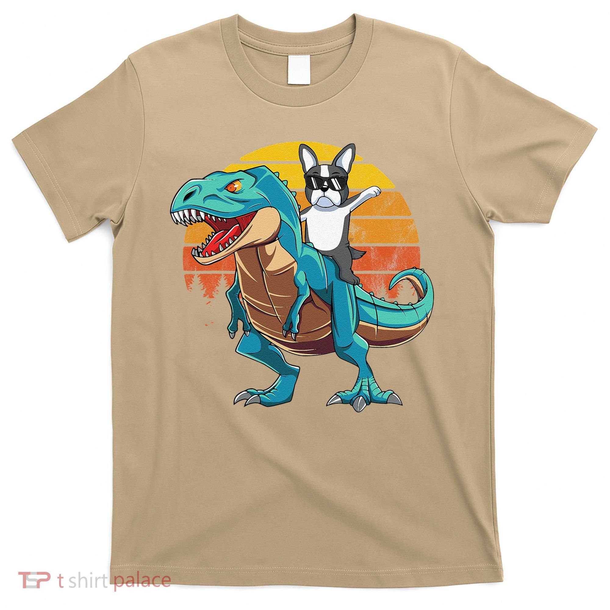 Boston Terrier Dog Riding Dinosaur T Rex T-Shirt
