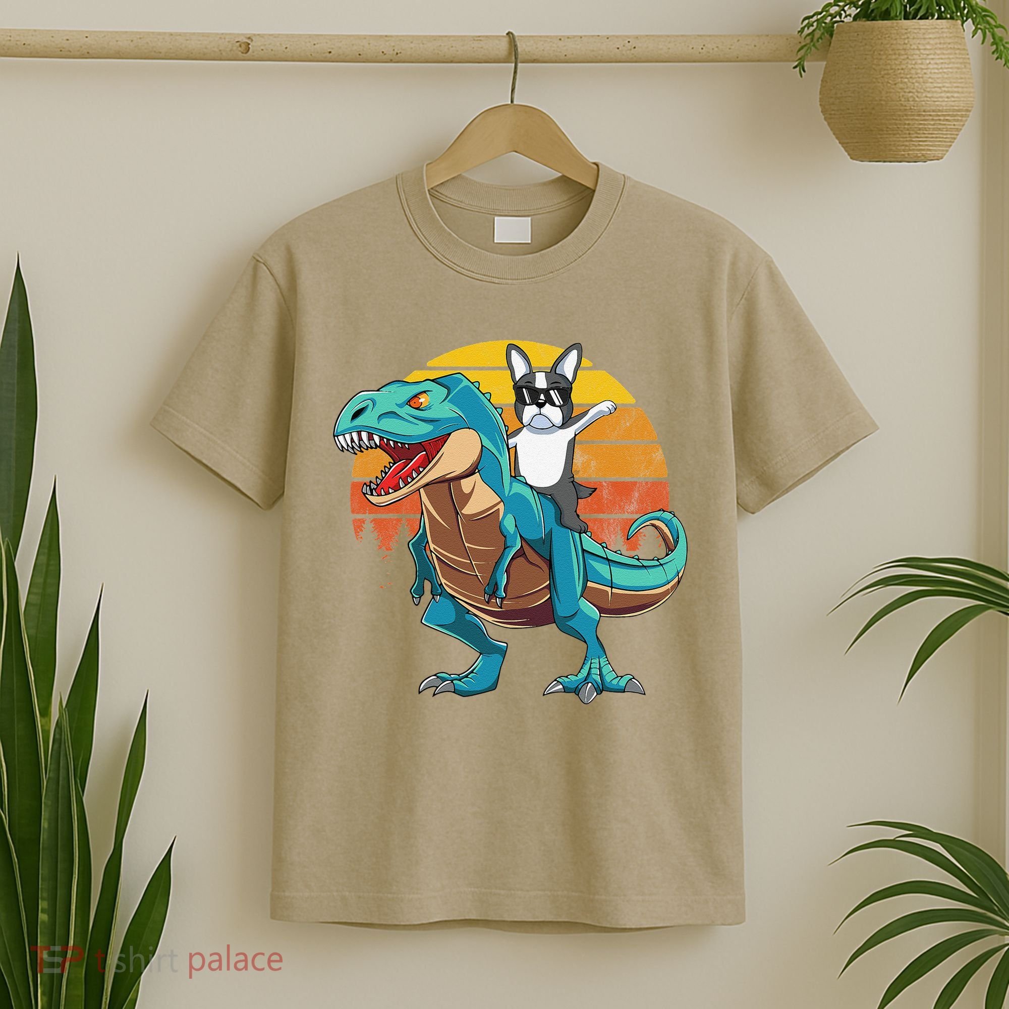 Boston Terrier Dog Riding Dinosaur T Rex T-Shirt