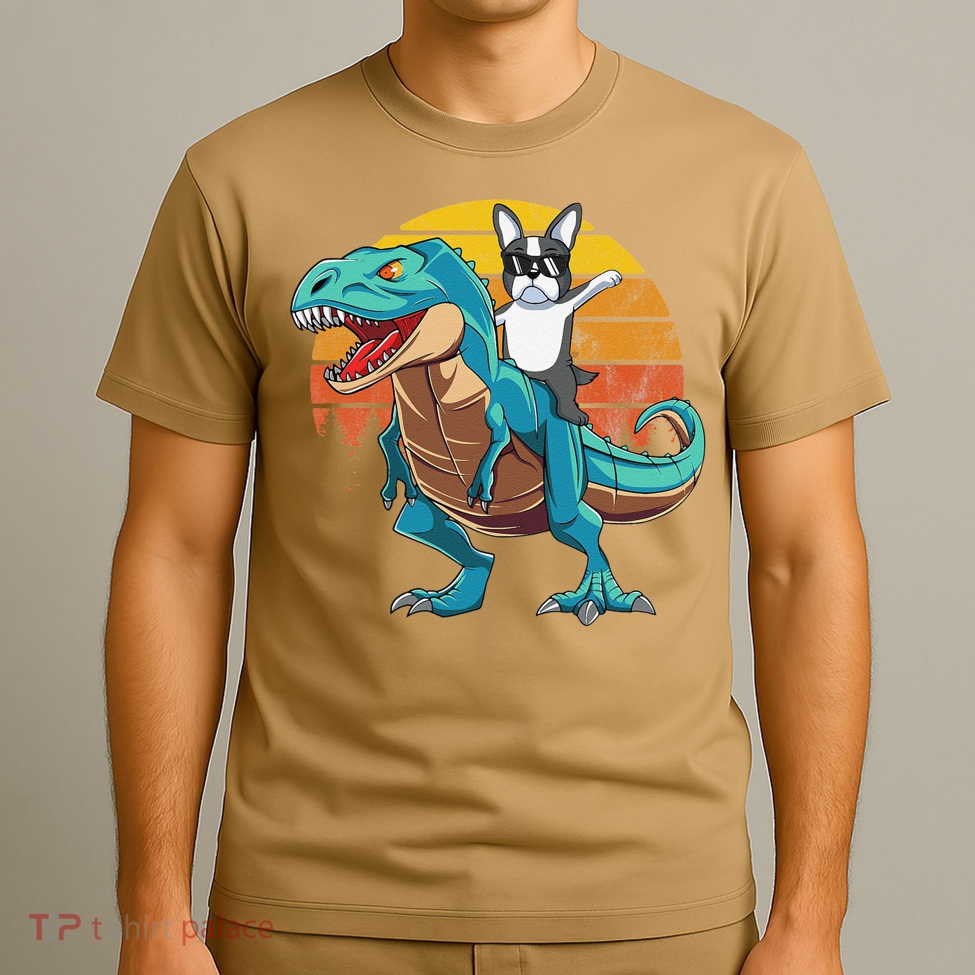 Boston Terrier Dog Riding Dinosaur T Rex T-Shirt