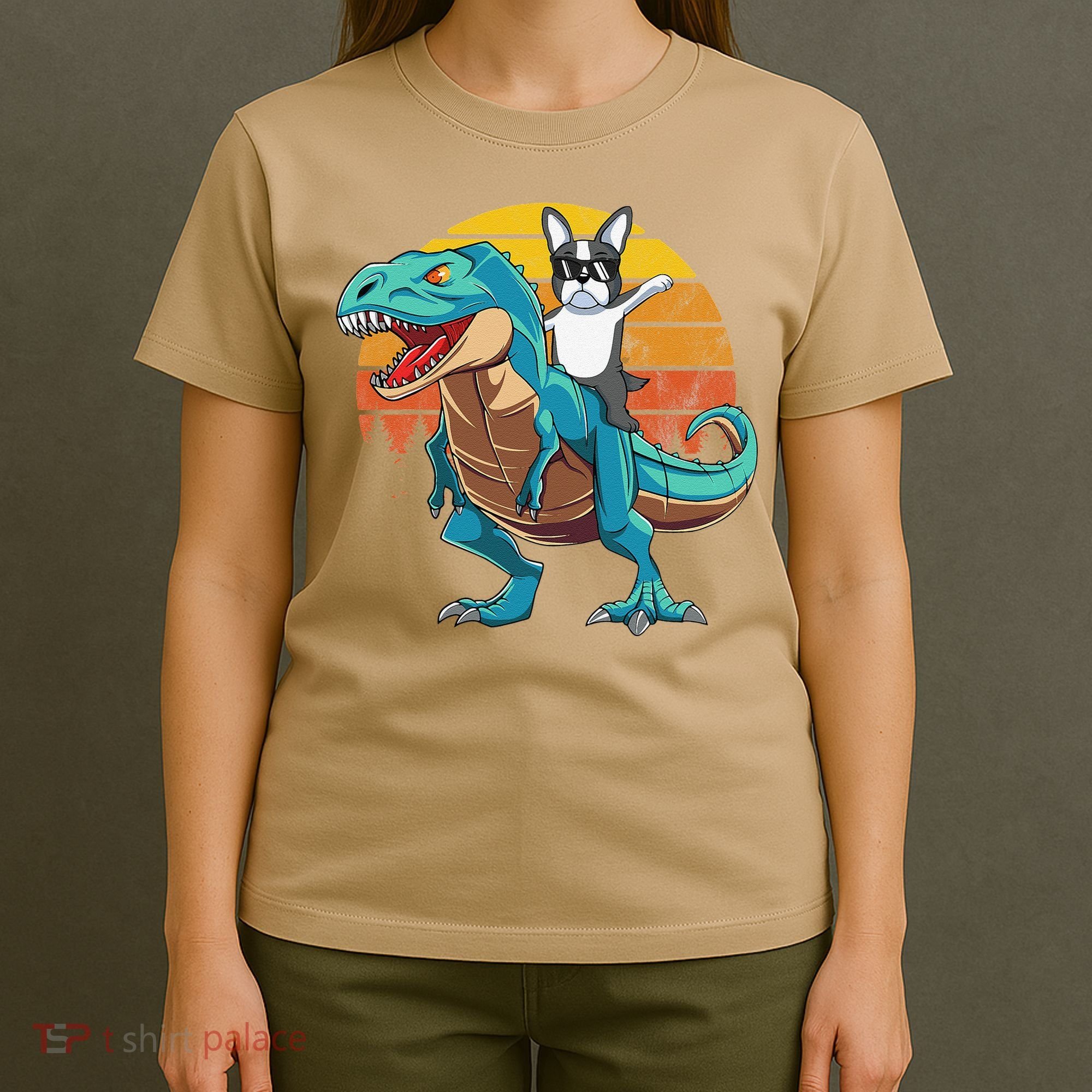 Boston Terrier Dog Riding Dinosaur T Rex T-Shirt